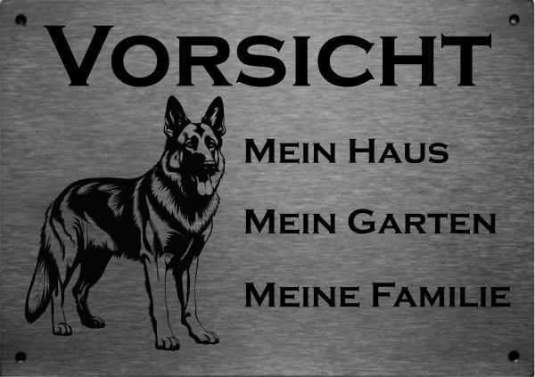 Edelstahl Warnschild Deutscher Schäferhund VORSICHT Mein Haus mein Garten meine Familie